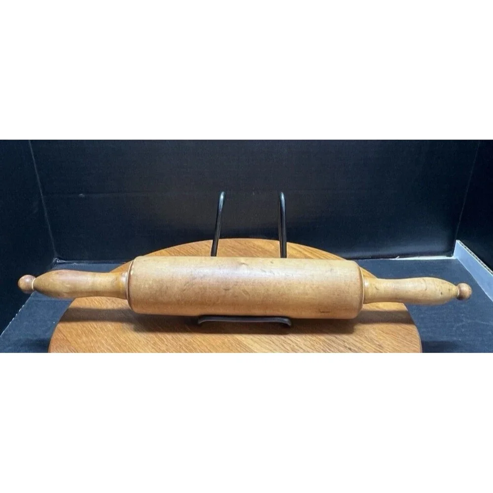 Vintage Wooden Rolling Pin w/ Green Handles Rustic Farmhouse Grandma Chic 17